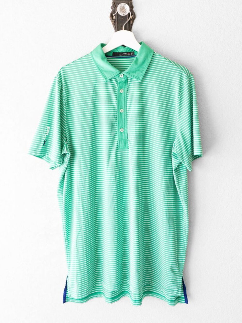 RLX Ralph Lauren Golf Polo Mens L Green White Stripe Performance Stretch Shirt